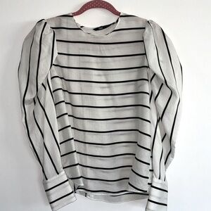 Zara white w/ black stripe long sleeve puff shoulder blouse, size M